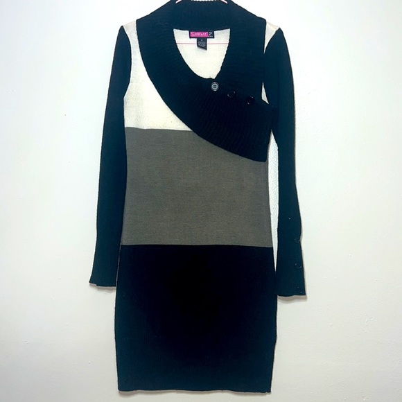 Say What? Sweater Mini Dress Women Size MEDIUM V Neck Button Details Colorblock - Picture 1 of 11